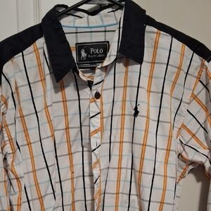 Polo by Ralph Lauren White Plaid Short-Sleeve Shirt with Black Collar